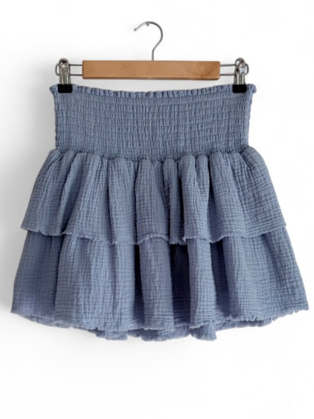 NEW Sundays Blue 100% Cotton Smocked Waist Tiered Ruffle Mini Skirt Size S